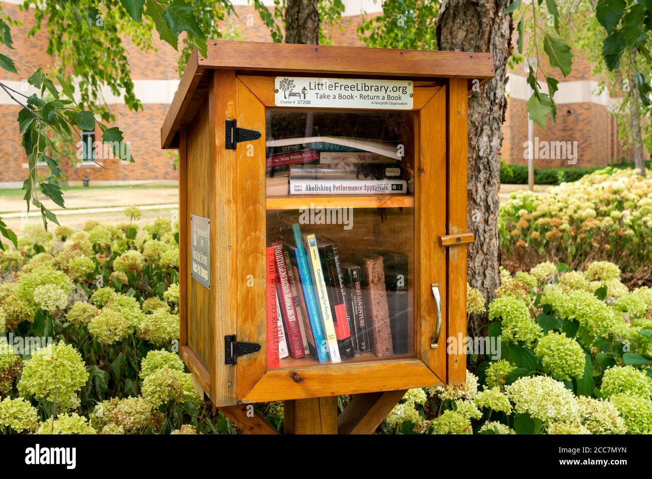 WINONA, MN/USA - 9 AGOSTO 2020: Free lending library box sponsorizzato da LittleFreeLibrary.com. Foto Stock