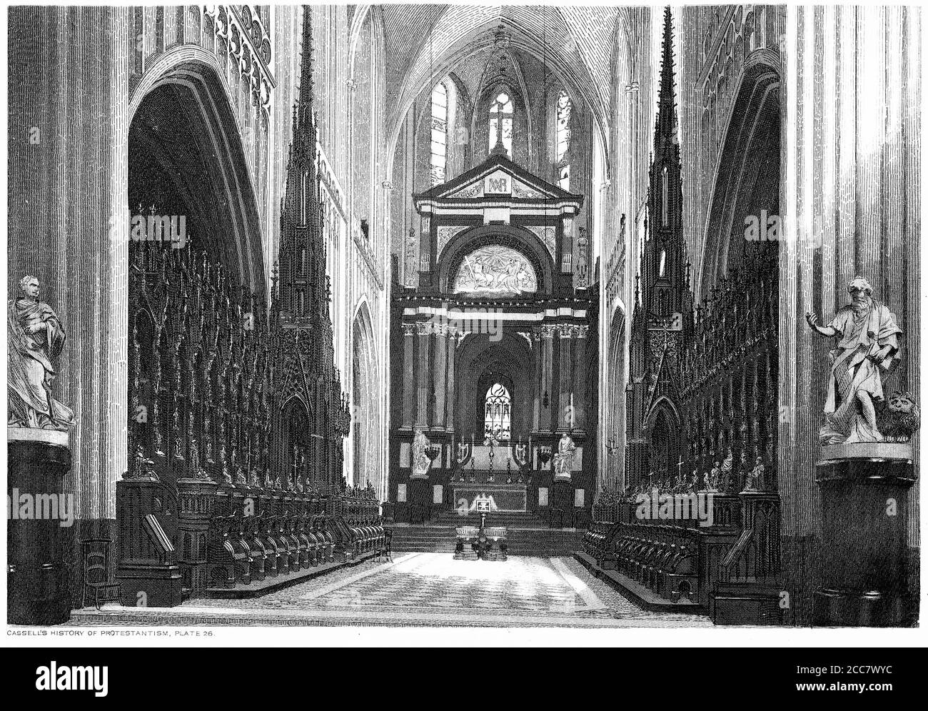 Incisione del coro, Cattedrale di Anversa, circa 1570, illustrazione da 'la storia del Protestantesimo' di James Aitken Wylie (1808-1890), pub. 1878 Foto Stock