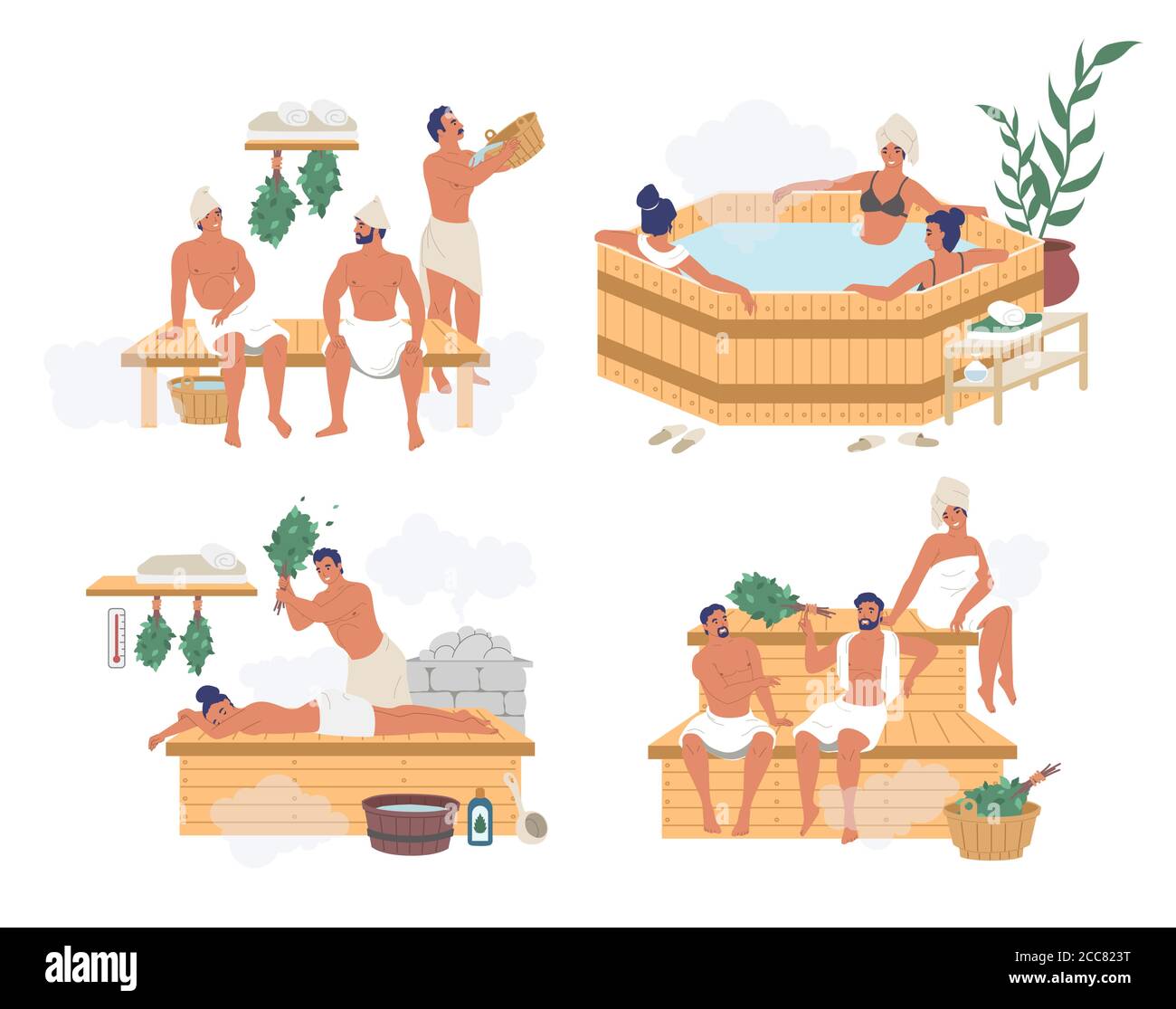 Persone che godono di bagno di vapore russo, sauna finlandese, bagno termale giapponese, vettore piatto illustrazione isolato Illustrazione Vettoriale