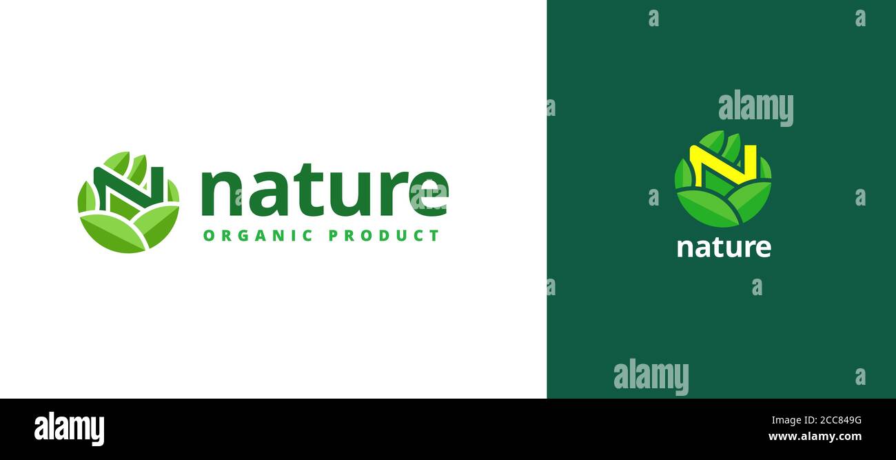 Logo naturale con alfabeto N nel palmo della mano, stile piatto Illustrazione Vettoriale