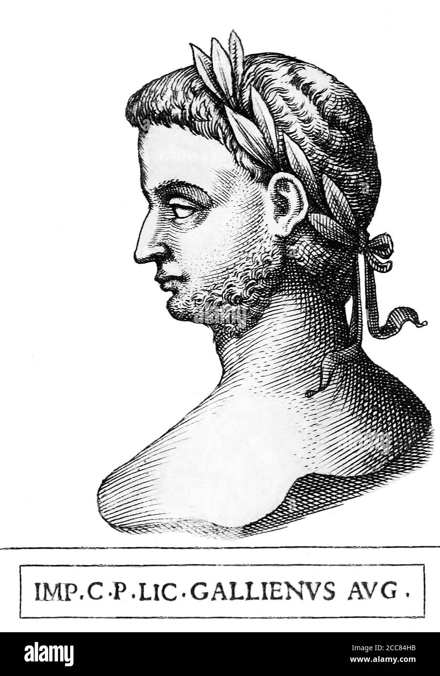 Italia: Gallienus (218-268), 41° imperatore romano, tratto dal libro Romanorvm imperatorvm effigies: Elogijs ex diuersis scriptoribus per Thomam Treteru S. Mariae Transtyberim canonicum collectis, c. 1583 Gallieno era figlio dell'Imperatore Valeriano, e servì inizialmente come coimperatore accanto al padre nel 253, dividendo l'Impero Romano fra di loro. Mentre Valeriano si occupava dell'Oriente, Gallieno era incaricato di occuparsi delle tribù germaniche dell'Occidente. Foto Stock