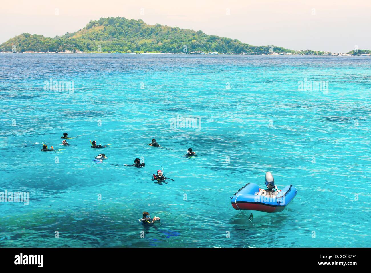 Un gruppo di subacquei in tuta da immersione che soggiornano a galla in mare per un'immersione alle isole Similan, attrazioni turistiche nel sud della Thailandia. Foto Stock