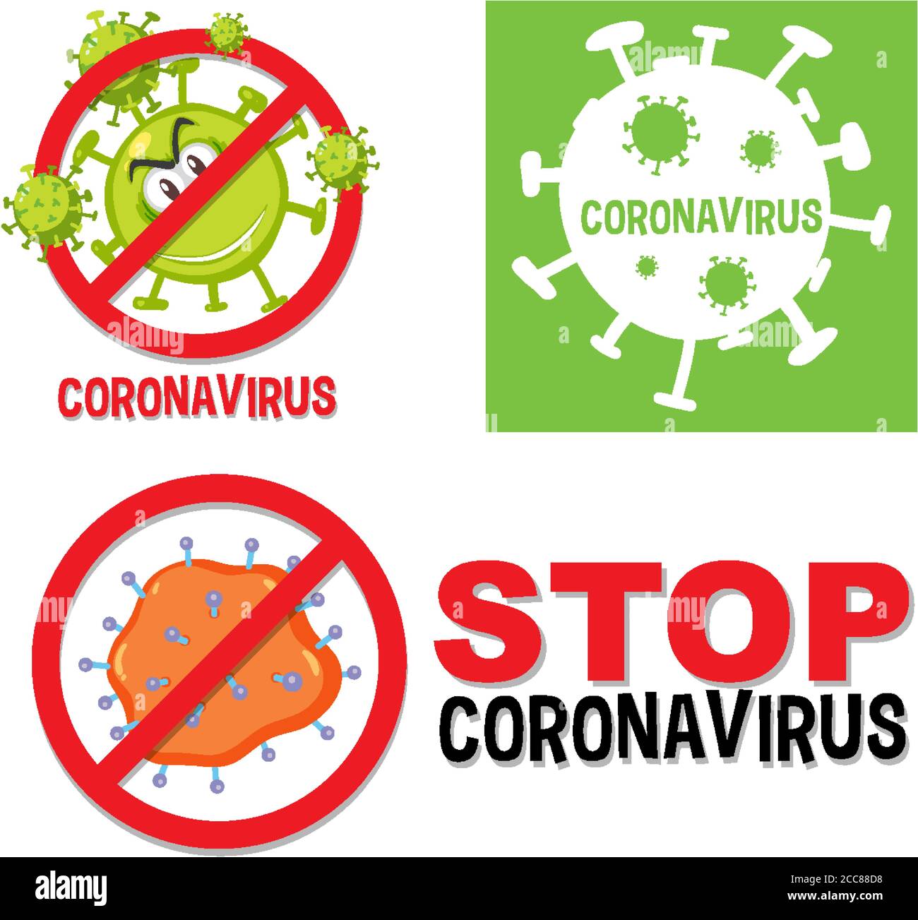 Serie di diversi segni o loghi di arresto coronavirus Illustrazione Vettoriale