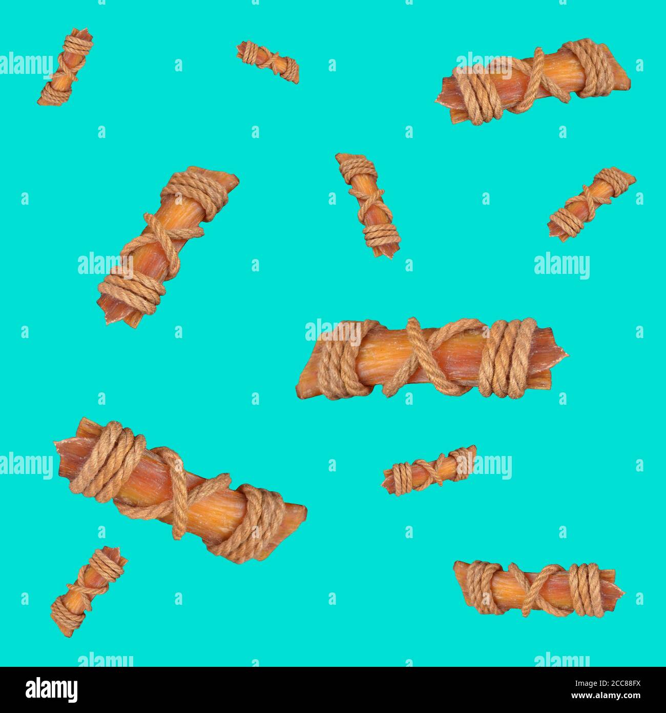 Tendini di manzo essiccati per cani su turchese. Dolcetti per animali da compagnia allacciati con corda. Concetto di forniture per animali domestici. Foto Stock
