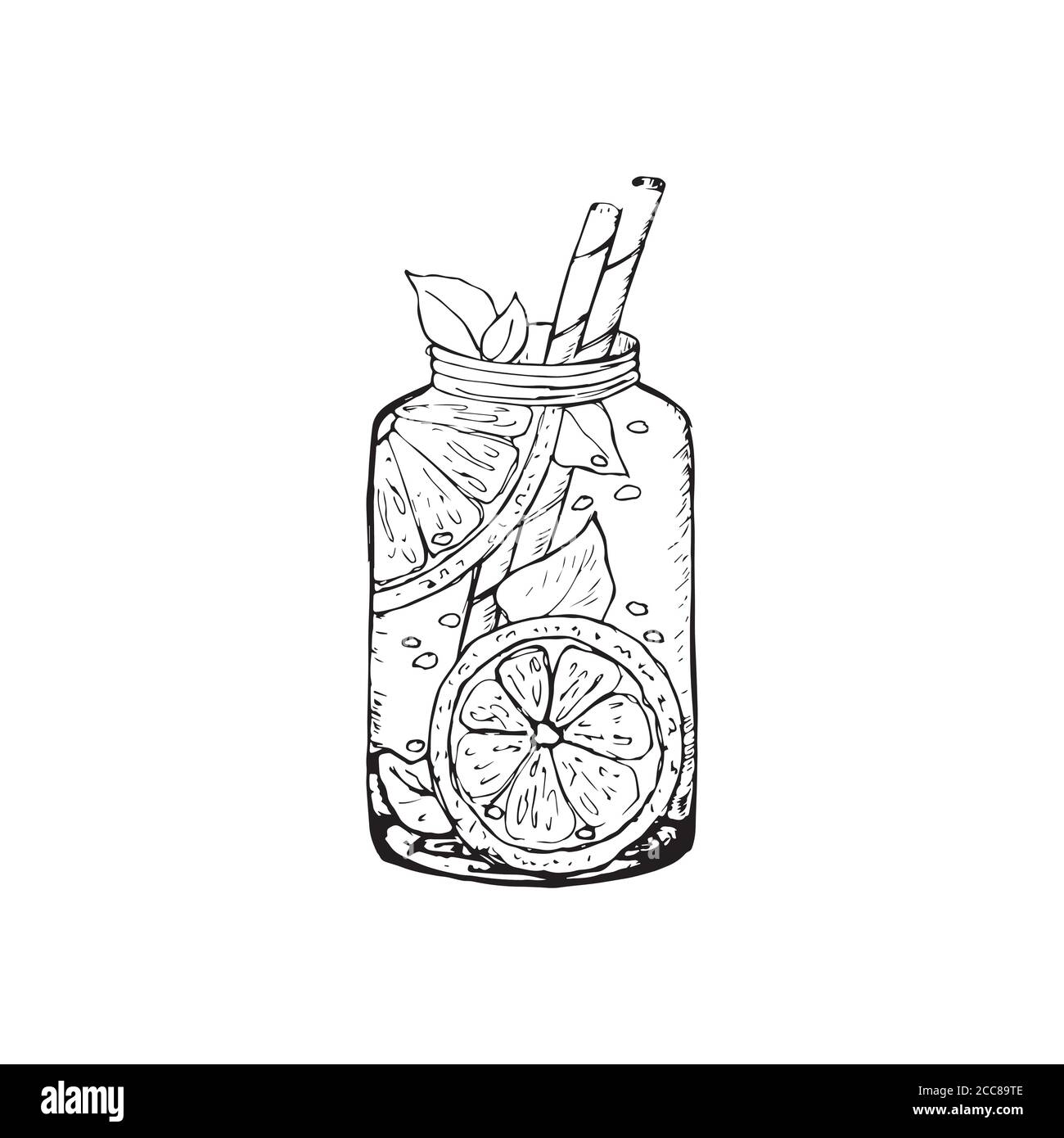 Bevande. Un cocktail fatto a mano, una caraffa di limonata, succo di frutta e una bevanda. Schizzo di un'illustrazione Illustrazione Vettoriale