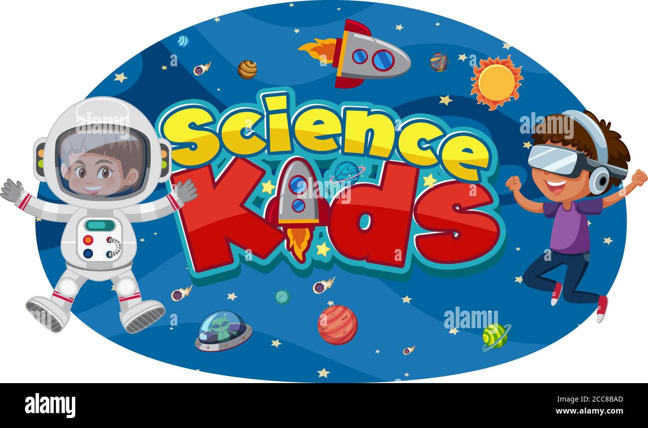 Logo Science Kids con astronauti e oggetti spazio illustrazione isolata Illustrazione Vettoriale