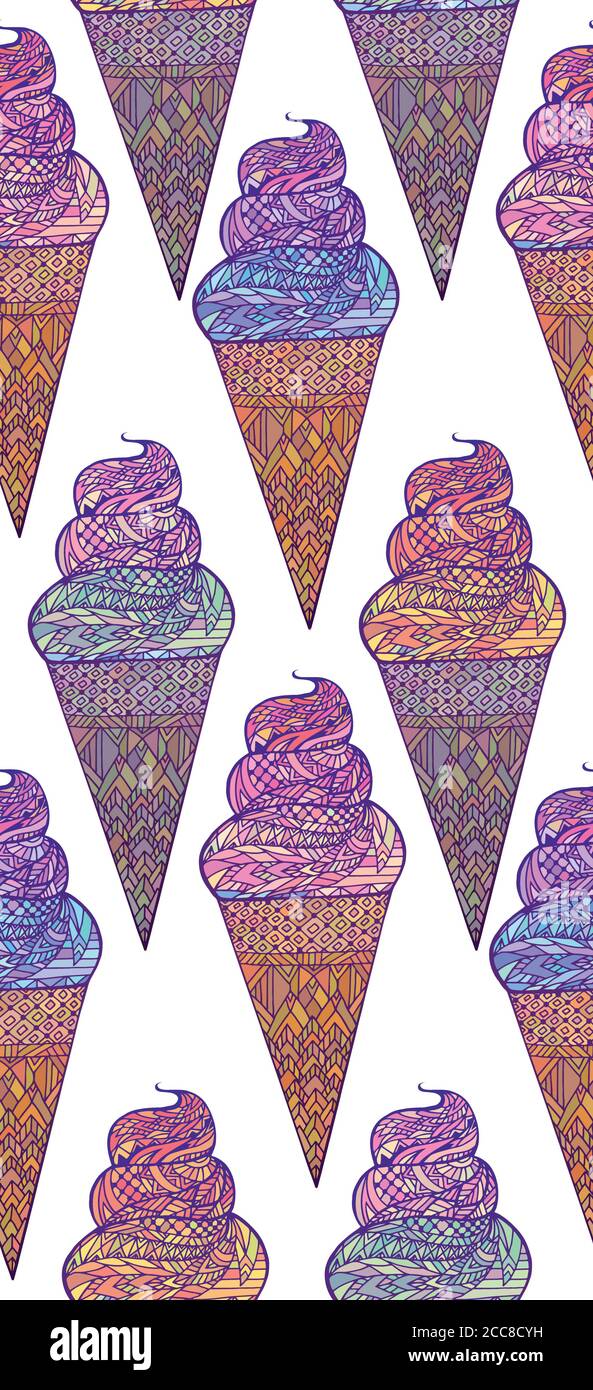 Texture senza cuciture con un motivo multicolore di un cono gelato con motivo boho. Modello vettoriale di doodle per tessuti, carta da parati e la vostra creatività Illustrazione Vettoriale