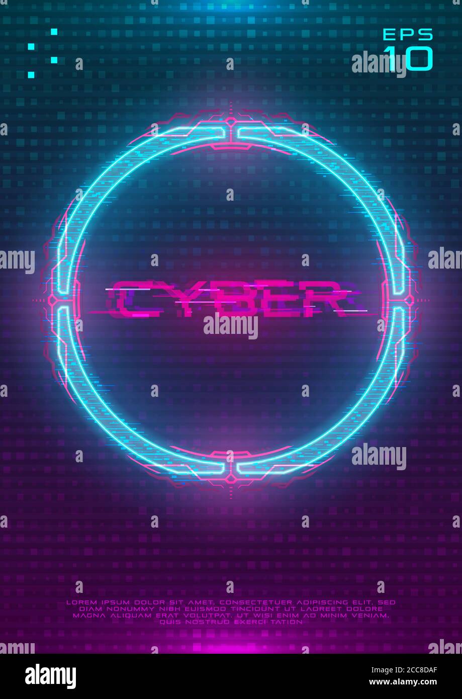 Poster futuristico con cerchio di ologramma cyberpunk illuminato. Modello moderno con cerchio al neon hud blu con circuito stampato rosa. Design a incandescenza Illustrazione Vettoriale