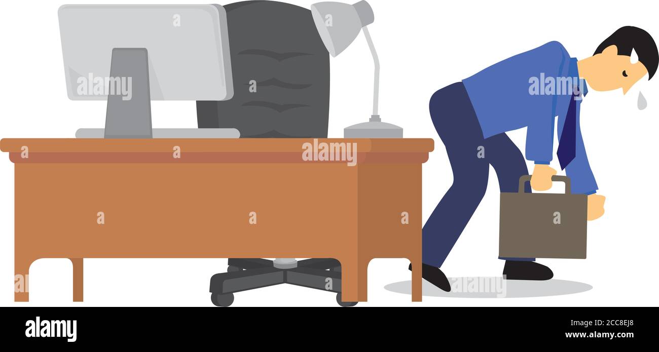 Uomo d'affari si sente sfinito e va a casa dal suo posto di lavoro in ufficio. Concetto di esaurimento o malattia. Vettore isolato di fumetti illustra Illustrazione Vettoriale