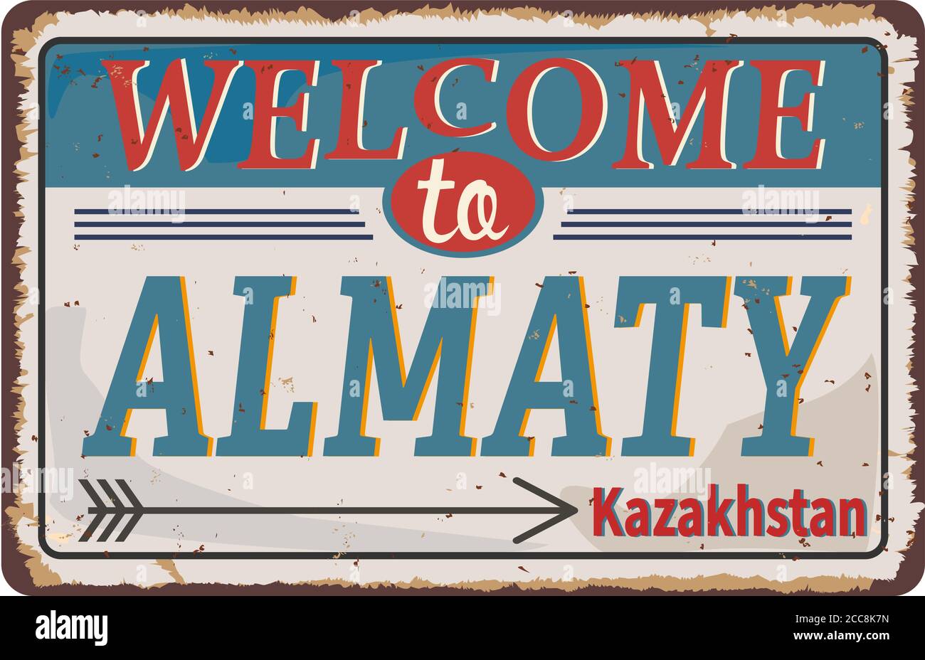 Almaty - segno. Saluti per t-shirt, tazza, carta, logo, tag, banner, adesivo. Illustrazione vettoriale. Illustrazione Vettoriale