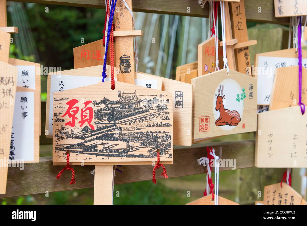 Kashima, Giappone - tradizionale tavoletta di preghiera in legno (Ema) al Santuario di Kashima (Santuario di Kashima jingu) a Kashima, Prefettura di Ibaraki, Giappone. Foto Stock