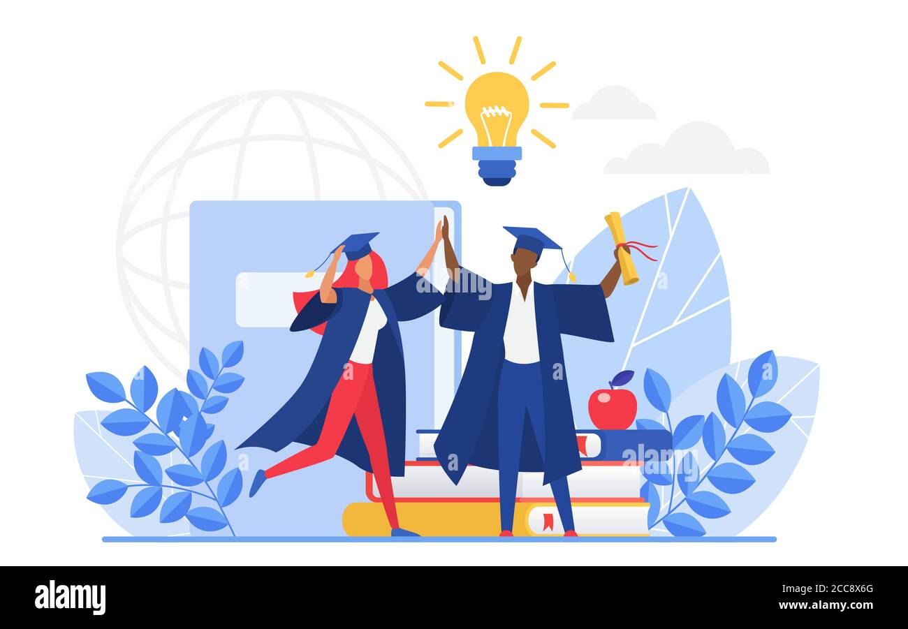 I laureati celebrano l'illustrazione vettoriale. Cartoon piatto piccolo gruppo di felici studenti laureati personaggi celebrare la laurea, tenere la scuola o il diploma di istruzione universitaria isolato su bianco Illustrazione Vettoriale