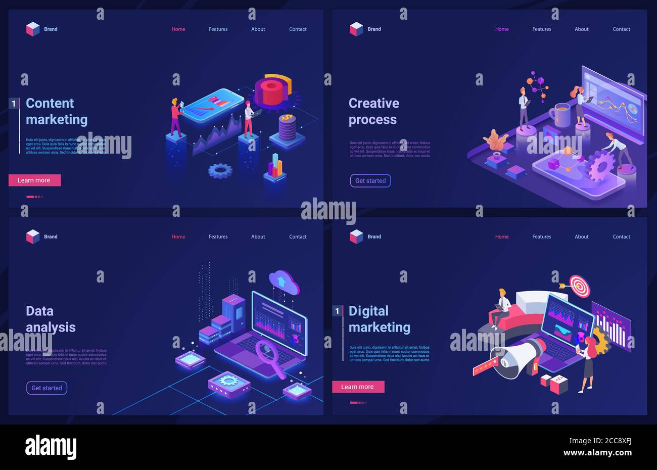 Analisi dei dati, tecnologia di marketing digitale, illustrazioni vettoriali 3d. Cartoon isometric moderno blu creativo set di design, concept banner con seo processo creativo di contenuti servizi di marketing digitale Illustrazione Vettoriale