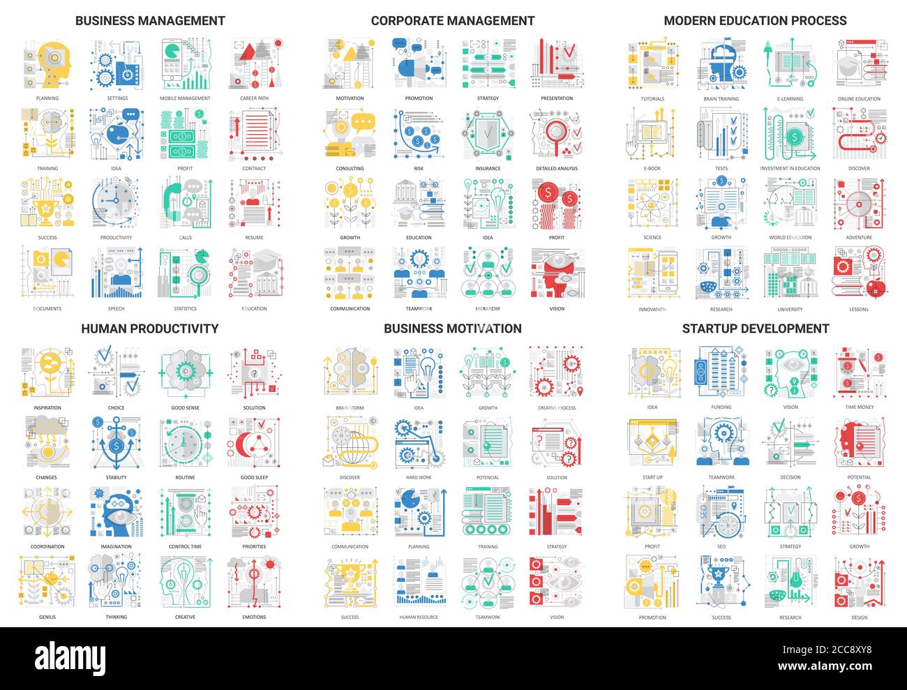 Linea sottile piatta icone astratte moderne illustrazione vettoriale, delineare istruzione e gestione dello sviluppo insieme con il processo di formazione aziendale e startup, motivazione per la produttività umana Illustrazione Vettoriale