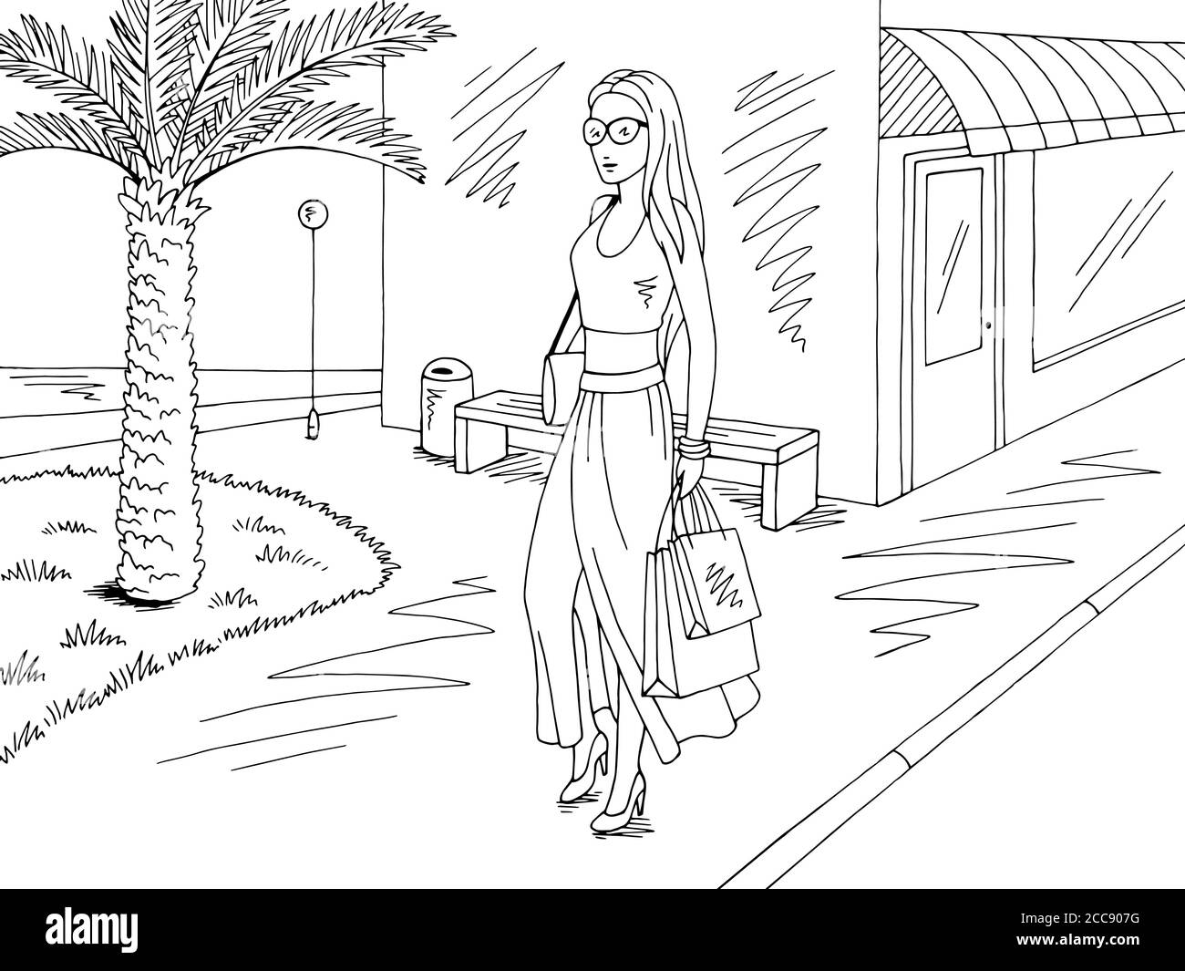 Donna proveniente dal negozio con le borse della spesa. Strada palma albero grafico bianco nero disegno paesaggio illustrazione vettore Illustrazione Vettoriale