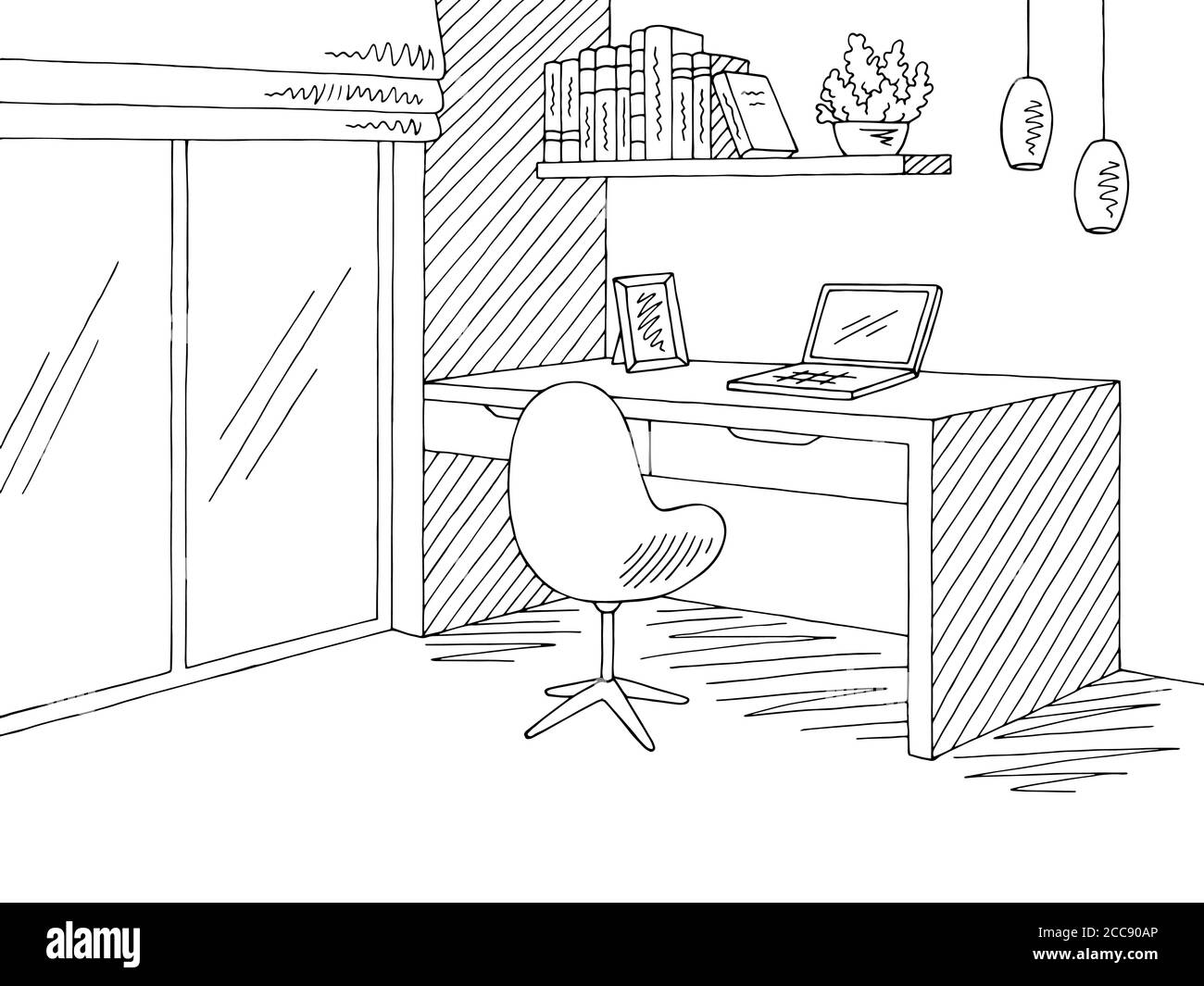 Grafico interno bianco nero grafico per ufficio domestico illustrazione vettoriale Illustrazione Vettoriale