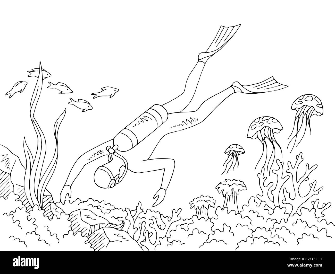 Subacqueo nuoto subacqueo grafico mare bianco nero disegno vettore illustrazione Illustrazione Vettoriale