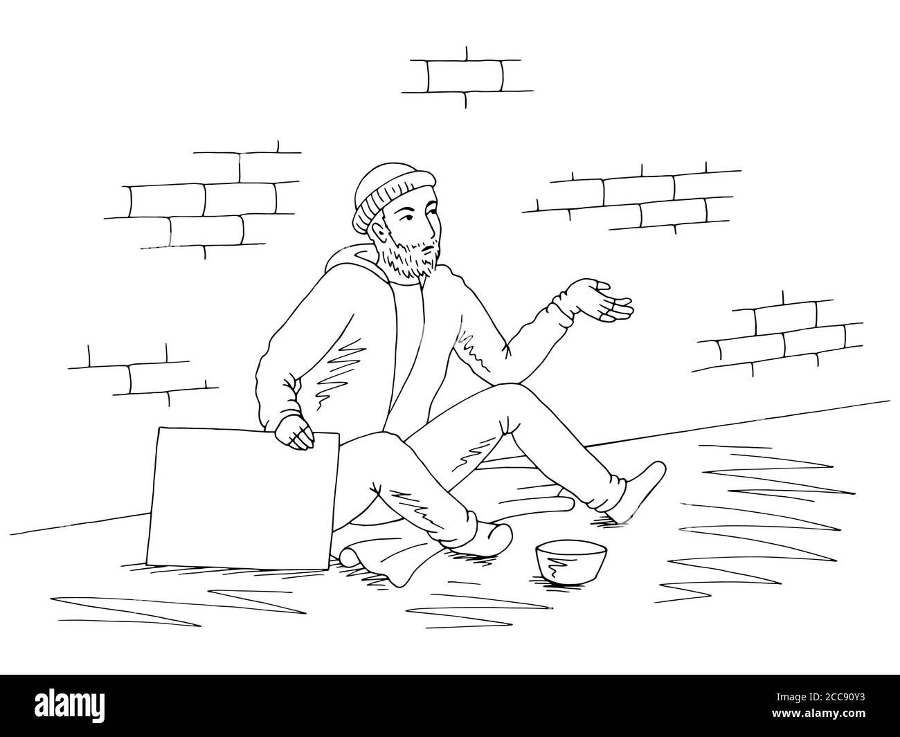 Beggar sta tenendo un poster, chiedendo soldi e seduto sulla strada grafica nero bianco schizzo illustrazione vettore Illustrazione Vettoriale