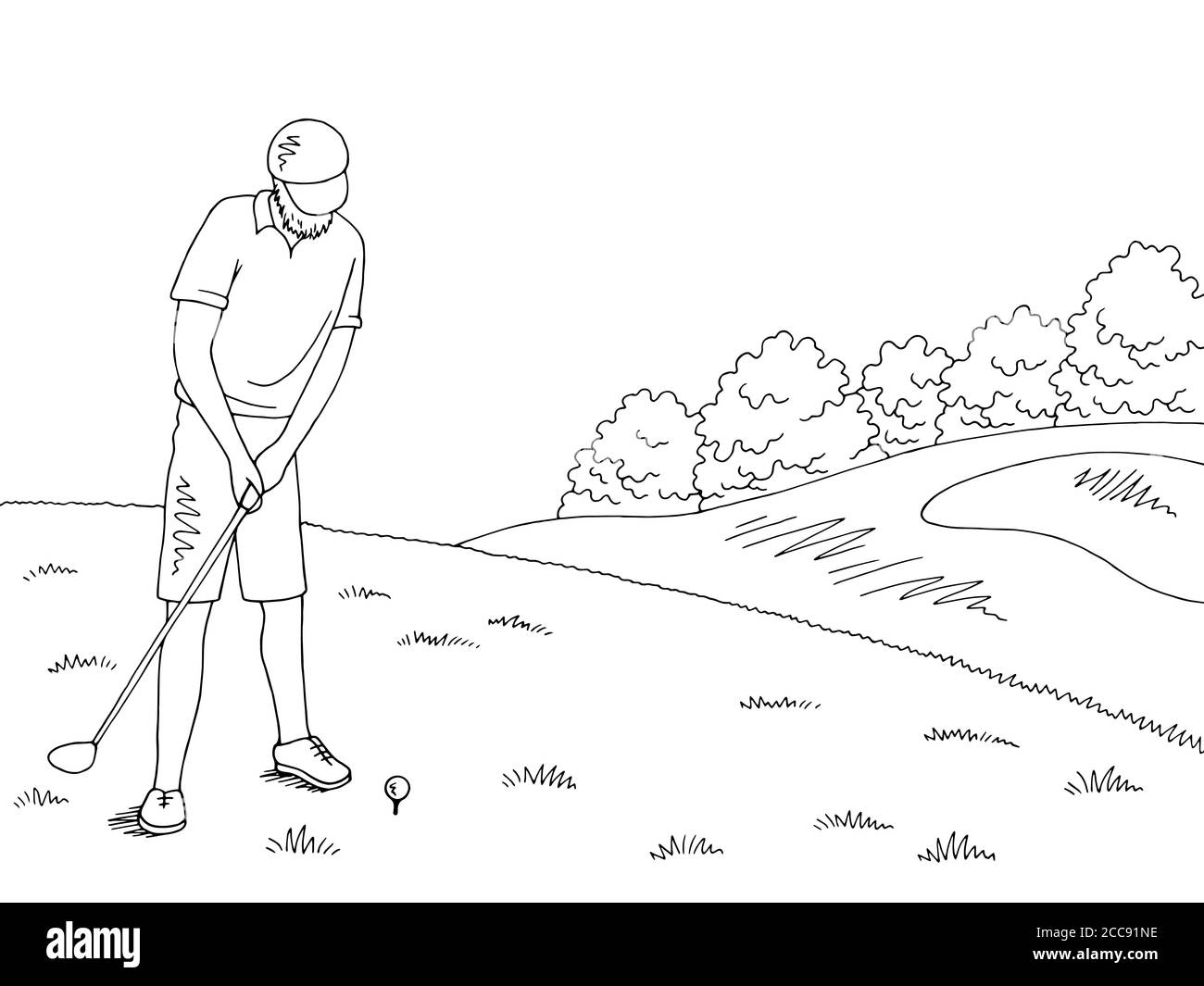 Vecchio uomo che gioca a golf grafico bianco nero disegno di paesaggio vettore Illustrazione Vettoriale