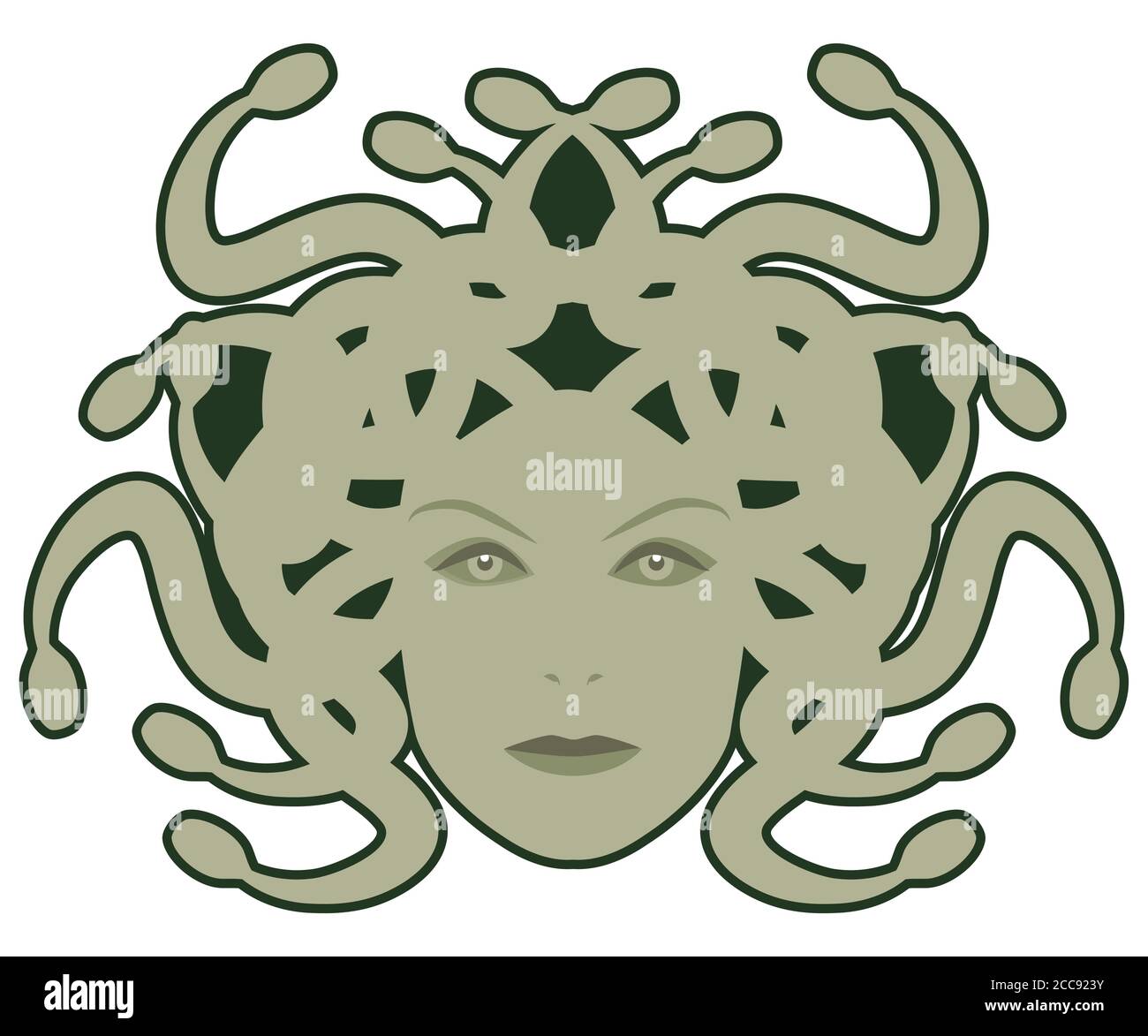 Capo di Medusa. Creatura mitologica con aspetto umano e capelli di serpenti, isolata su sfondo bianco Illustrazione Vettoriale