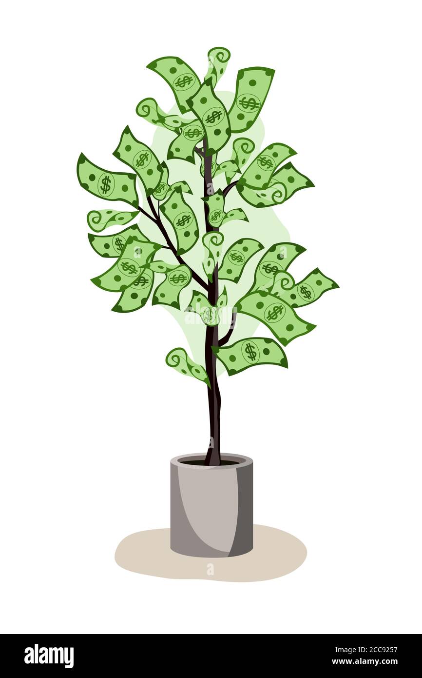 Verde vasato albero crescente valuta con segno del dollaro su sfondo bianco, illustrazione vettoriale Illustrazione Vettoriale