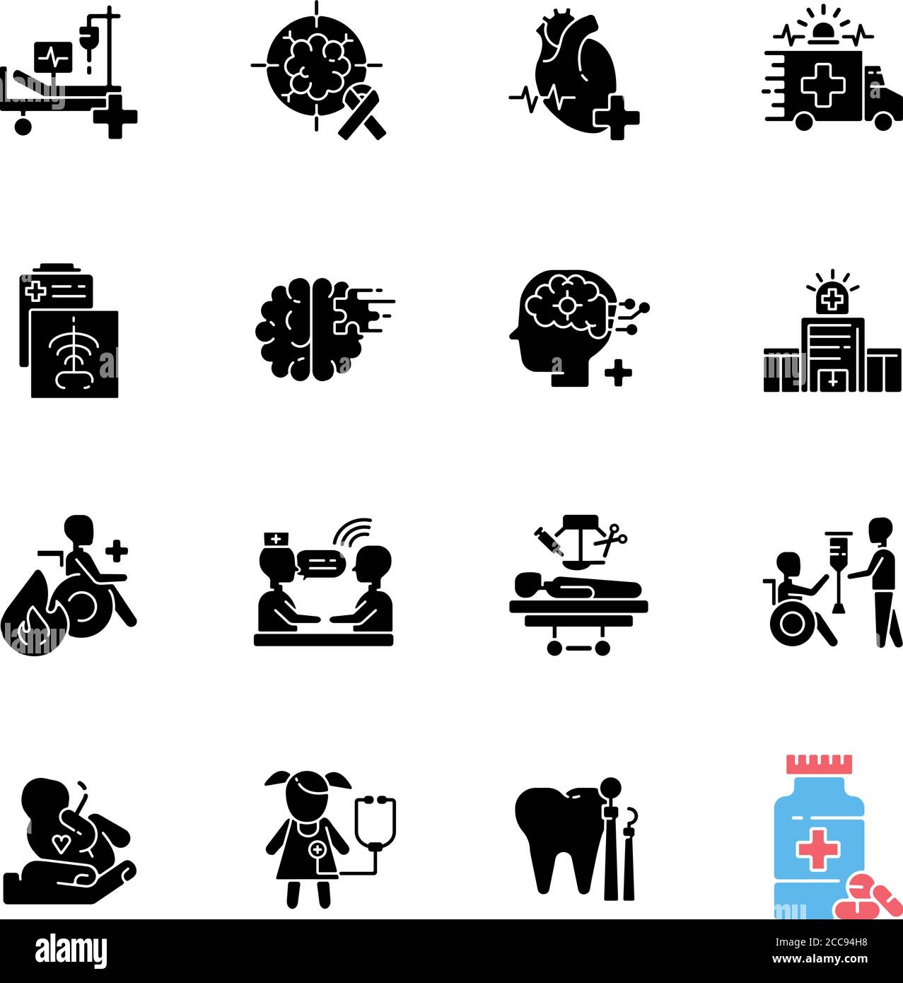 Icone glifo nero dell'ospedale impostate sullo spazio bianco Illustrazione Vettoriale