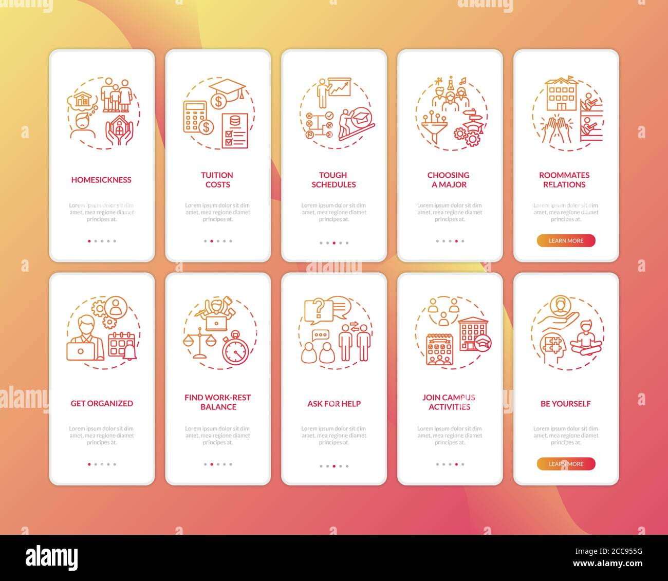 Schermata della pagina dell'app mobile di onboarding dell'università con set di concetti Illustrazione Vettoriale