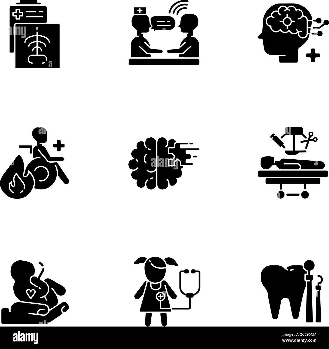 Icone glifo nero dei servizi sanitari impostate su spazio bianco Illustrazione Vettoriale