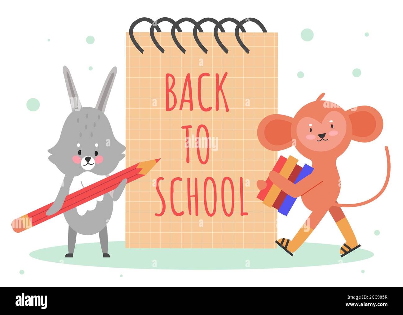 Illustrazione vettoriale del concetto di ritorno alla scuola. Cartoon simpatico animale peloso studente studenti personaggi con matita, pila di libri in piedi accanto al notebook e di ritorno al testo della scuola, istruzione di base Illustrazione Vettoriale