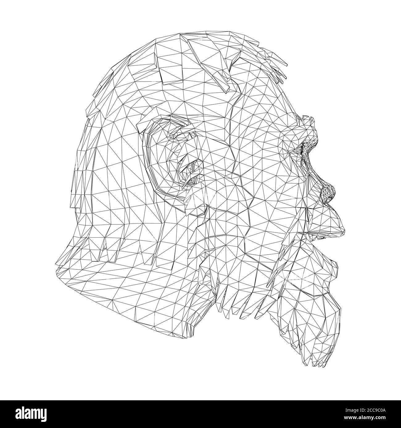 Testa di poly bassa wireframe di un Neanderthal. Testa a reticolo di un uomo preistorico. Vista laterale. 3D. Illustrazione vettoriale. Illustrazione Vettoriale