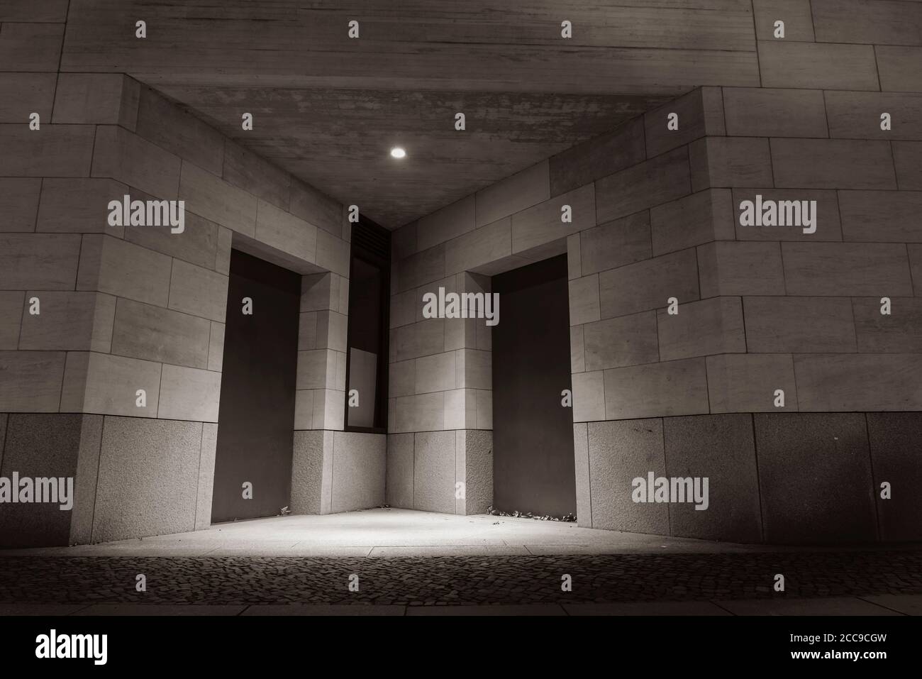 Due porte e una lampada in una nicchia triangolare, due porte e facciata in pietra arenaria di notte, architettura moderna, foto in bianco e nero Foto Stock