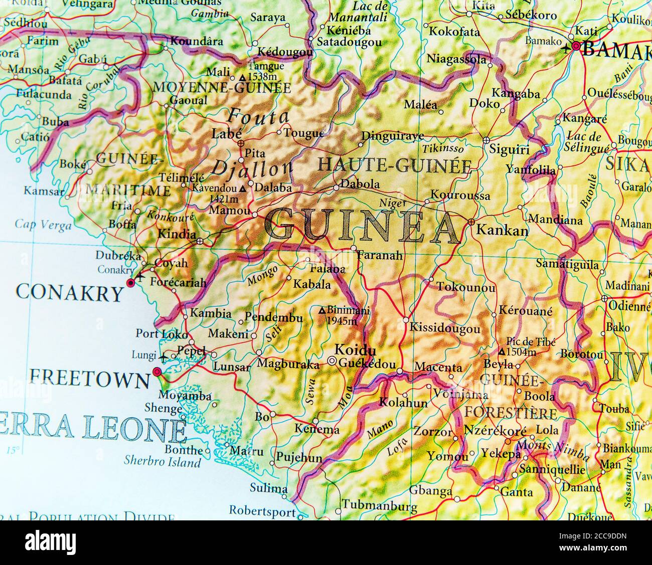 Mappa geografica della Guinea con città importanti Foto Stock