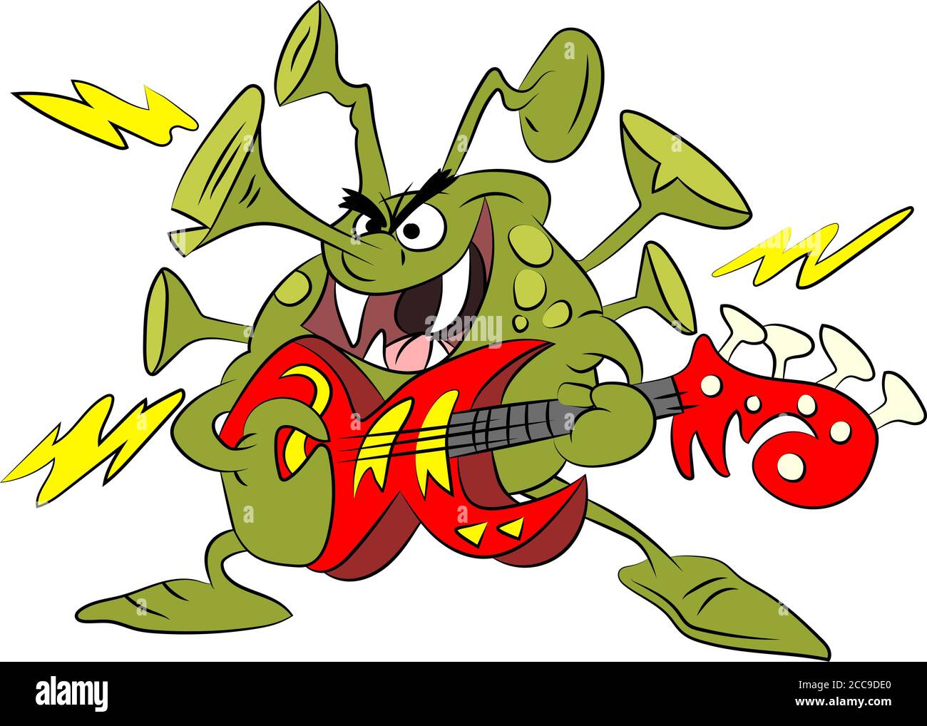 Pericoloso e infettivo virus corona che suona il vettore di chitarra elettrica cartone animato illustrazione Illustrazione Vettoriale