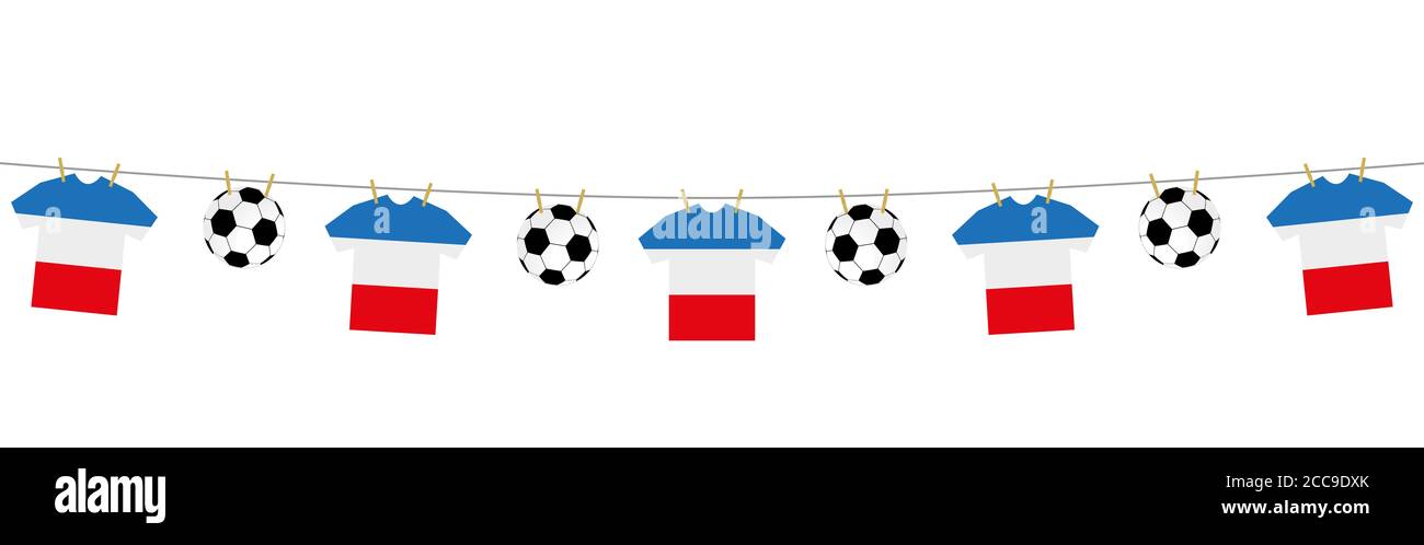 Illustrazione di palloni da calcio e uniformi da calcio con bandiere francesi isolate su sfondo bianco Foto Stock