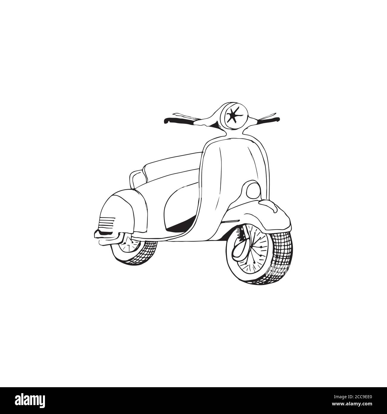 scooter, stile piatto. Ciclomotore per la consegna, scooter per il turismo. Trasporti urbani economici ed ecologici. Illustrazione. Illustrazione Vettoriale
