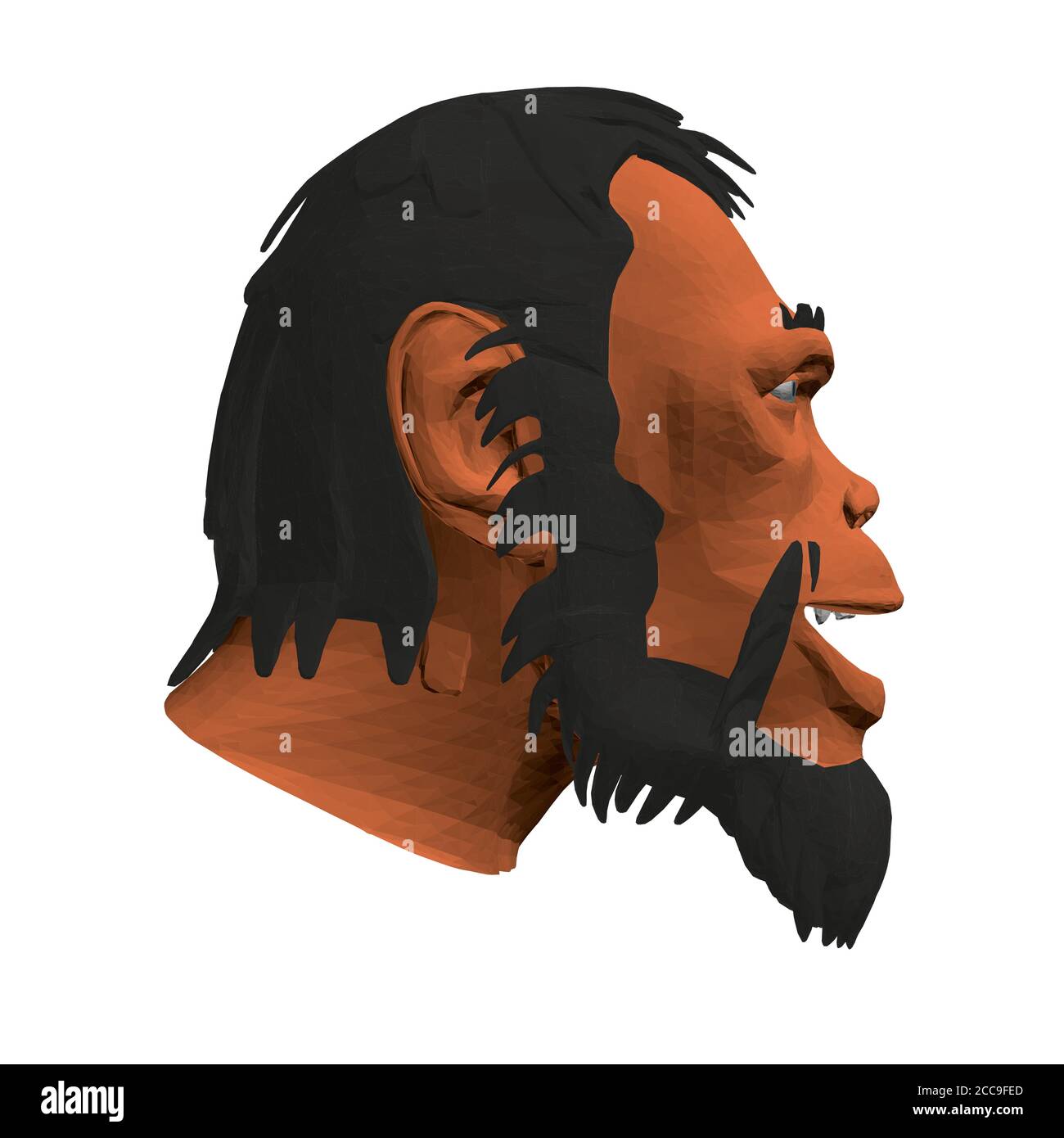 Basso poly testa di un uomo Neanderthal. Testa poligonale di un uomo preistorico. Vista laterale. 3D. Illustrazione vettoriale. Illustrazione Vettoriale