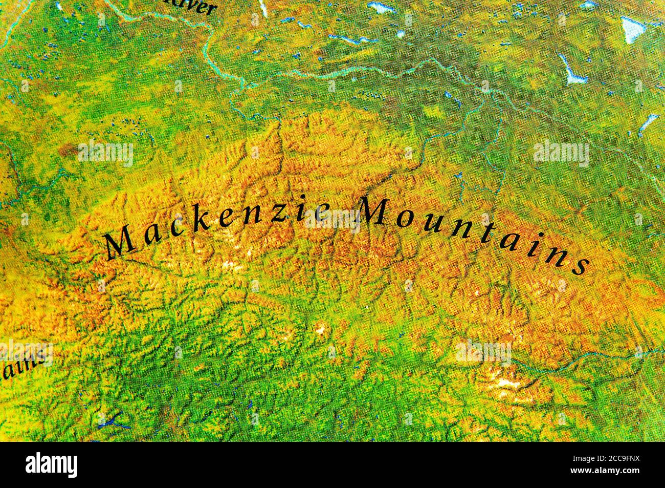 Mappa geografica delle montagne di Mackenzie in Canada Foto Stock