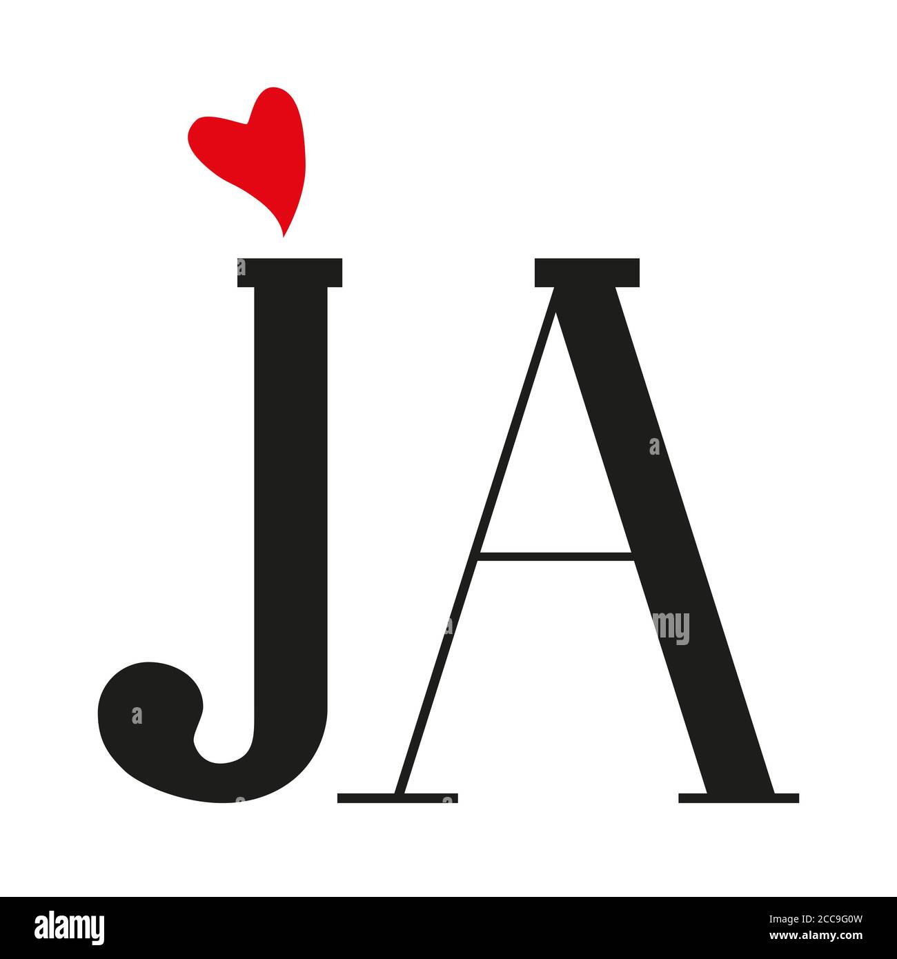Illustrazione di J e di una lettera iniziale con un cuore isolato su sfondo bianco Foto Stock