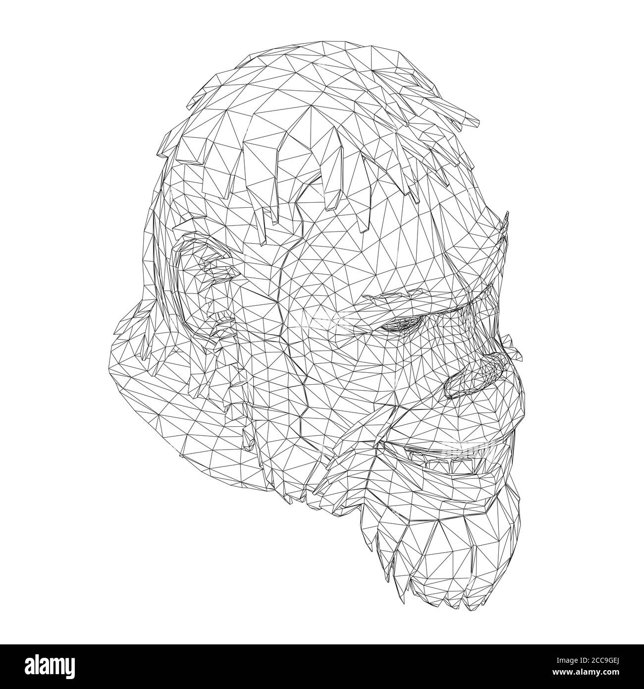 Testa di poly bassa wireframe di un Neanderthal. Testa a reticolo di un uomo preistorico. Vista isometrica. 3D. Illustrazione vettoriale. Illustrazione Vettoriale