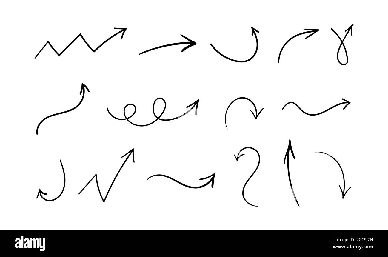 Set di frecce vettoriali disegnate a mano. Frecce nere a dodle isolate su, giù, destra, sinistra Illustrazione Vettoriale