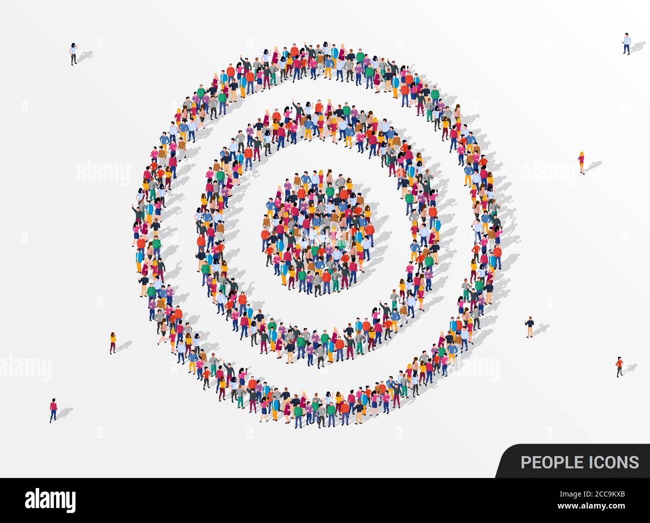 Un grande gruppo di persone viste dall'alto si radunarono a forma di bersaglio. Illustrazione vettoriale Illustrazione Vettoriale