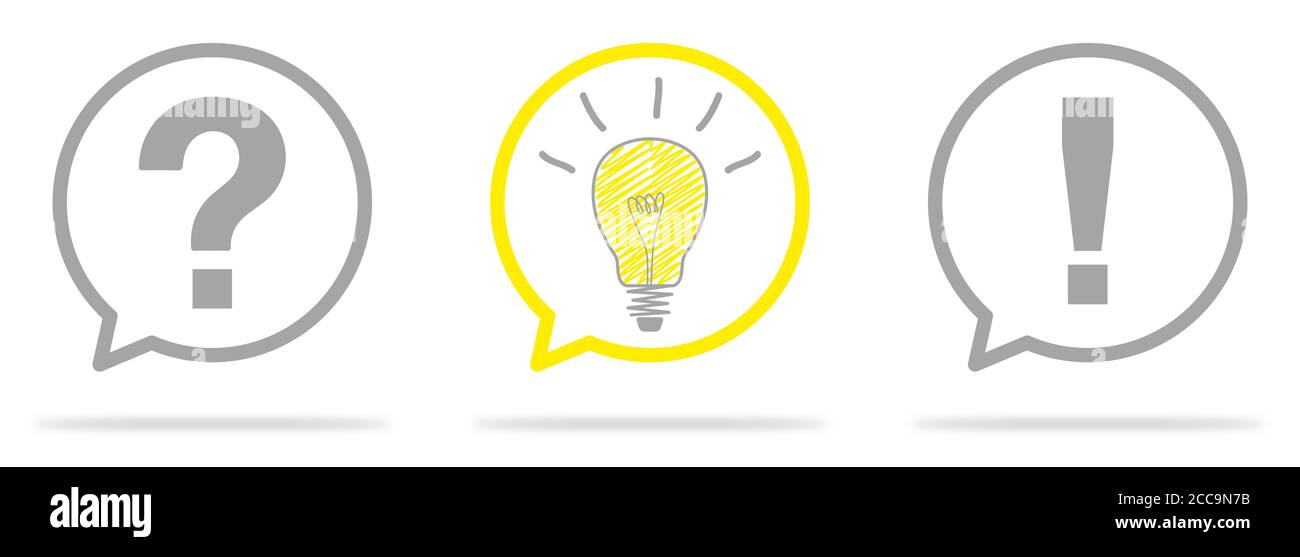 Illustrazione di una domanda e di un punto esclamativo con una luce lampadina isolata su sfondo bianco Foto Stock