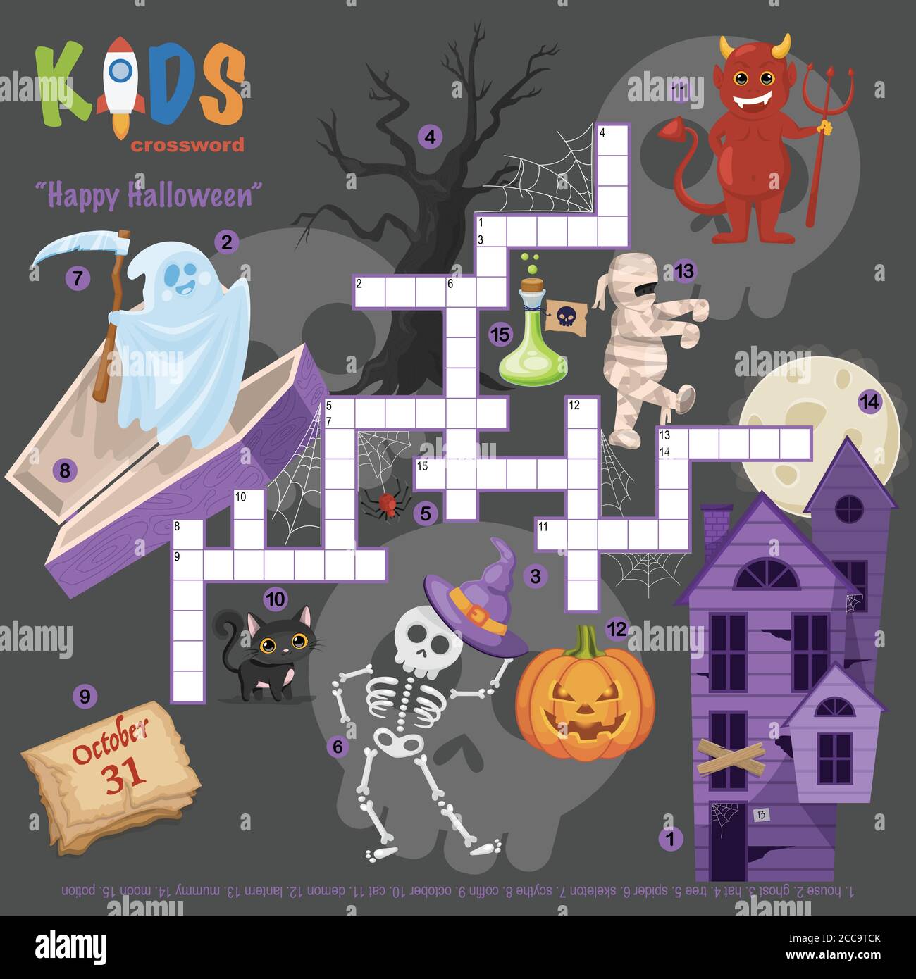 Facile crossword puzzle 'Happy Halloween', per i bambini nelle scuole elementari e medie. Un modo divertente per esercitarsi nella comprensione del linguaggio ed espandere la vocabolare Illustrazione Vettoriale