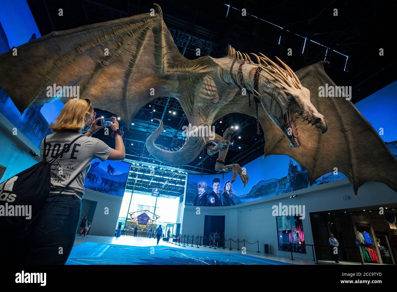 Un membro del pubblico fotografa un drago durante un tour della realizzazione di Harry Potter al Warner Bros Studio Tour di Londra, a Watford, dopo la sua riapertura dal blocco. Foto Stock