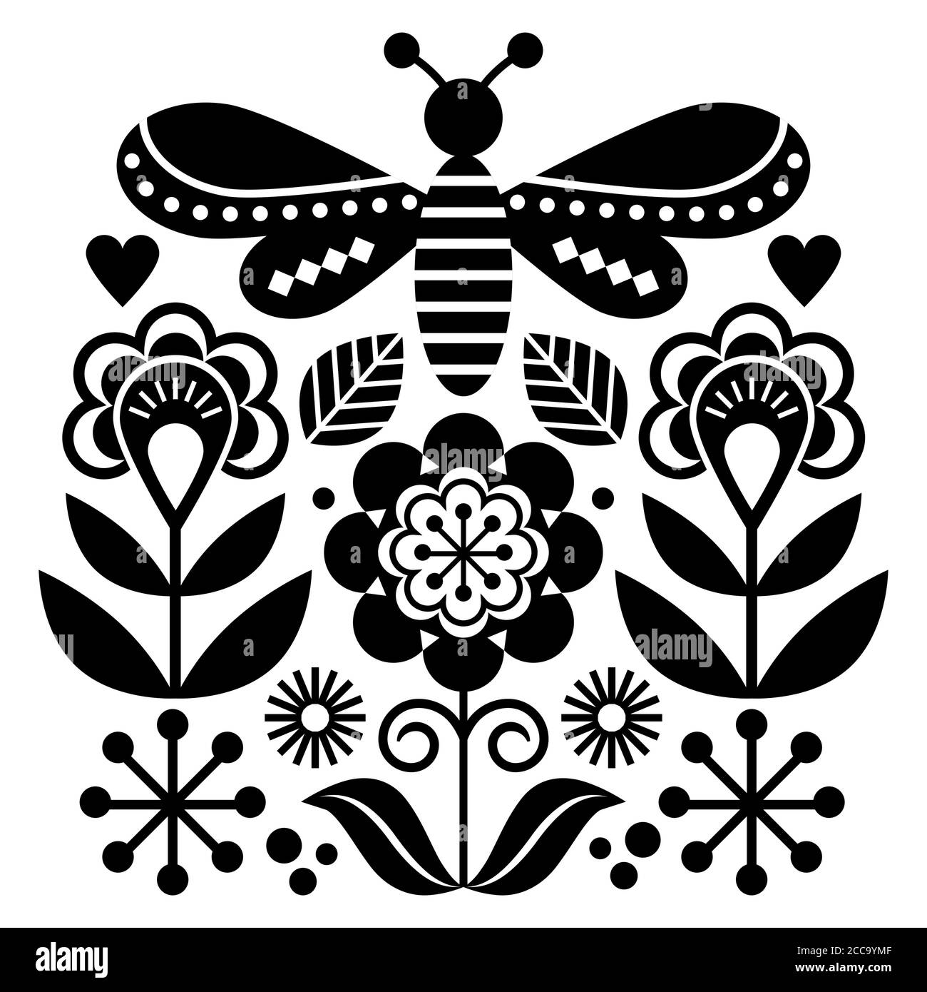 Design vettoriale per insetti e fiori in stile folk art scandinavo, motivo floreale grazioso con volata ispirato ai ricami tradizionali svedesi, Norw Illustrazione Vettoriale