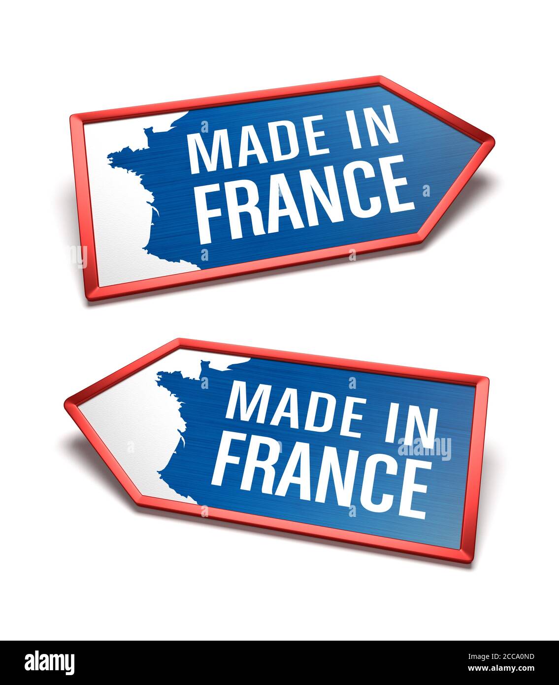 Made in France - etichette blu, bianche e blu con una mappa della Francia. Certificato francese all'interno delle forme delle icone a freccia, rivolto a sinistra e a destra. Foto Stock