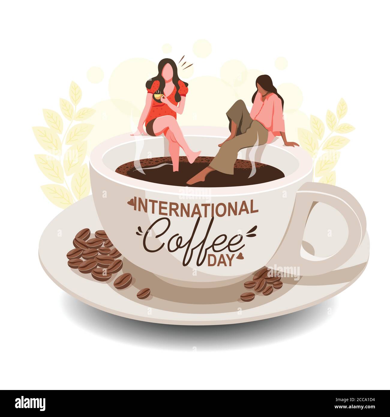Giornata Internazionale del caffè, le donne gustano un caffè caldo in una tazza di caffè Illustrazione Vettoriale