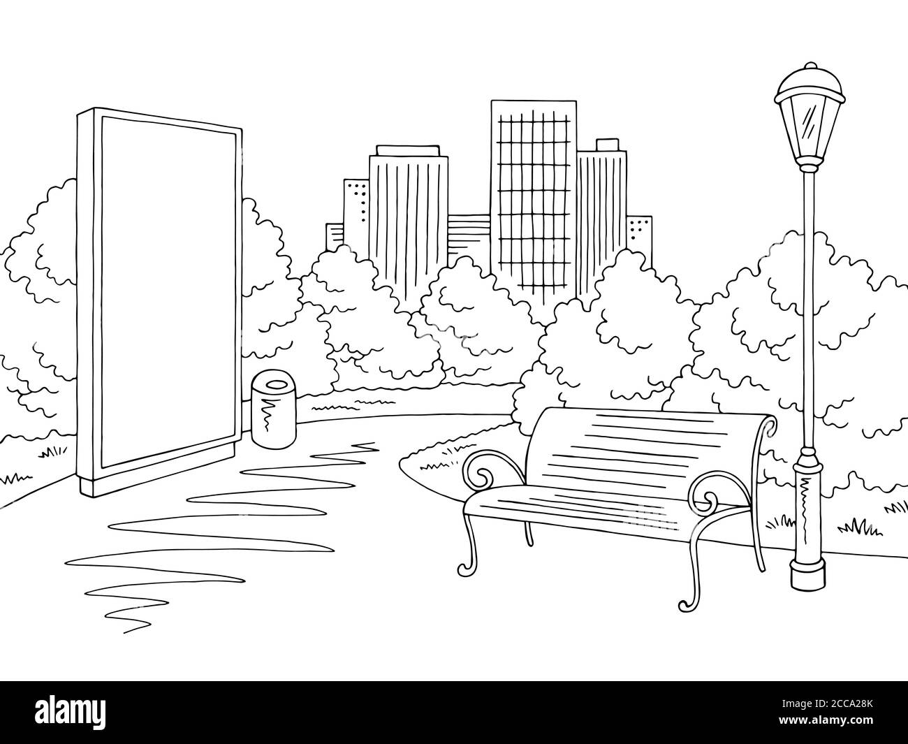 Grafico del parco grafico della città bianco nero disegno del paesaggio vettore Illustrazione Vettoriale