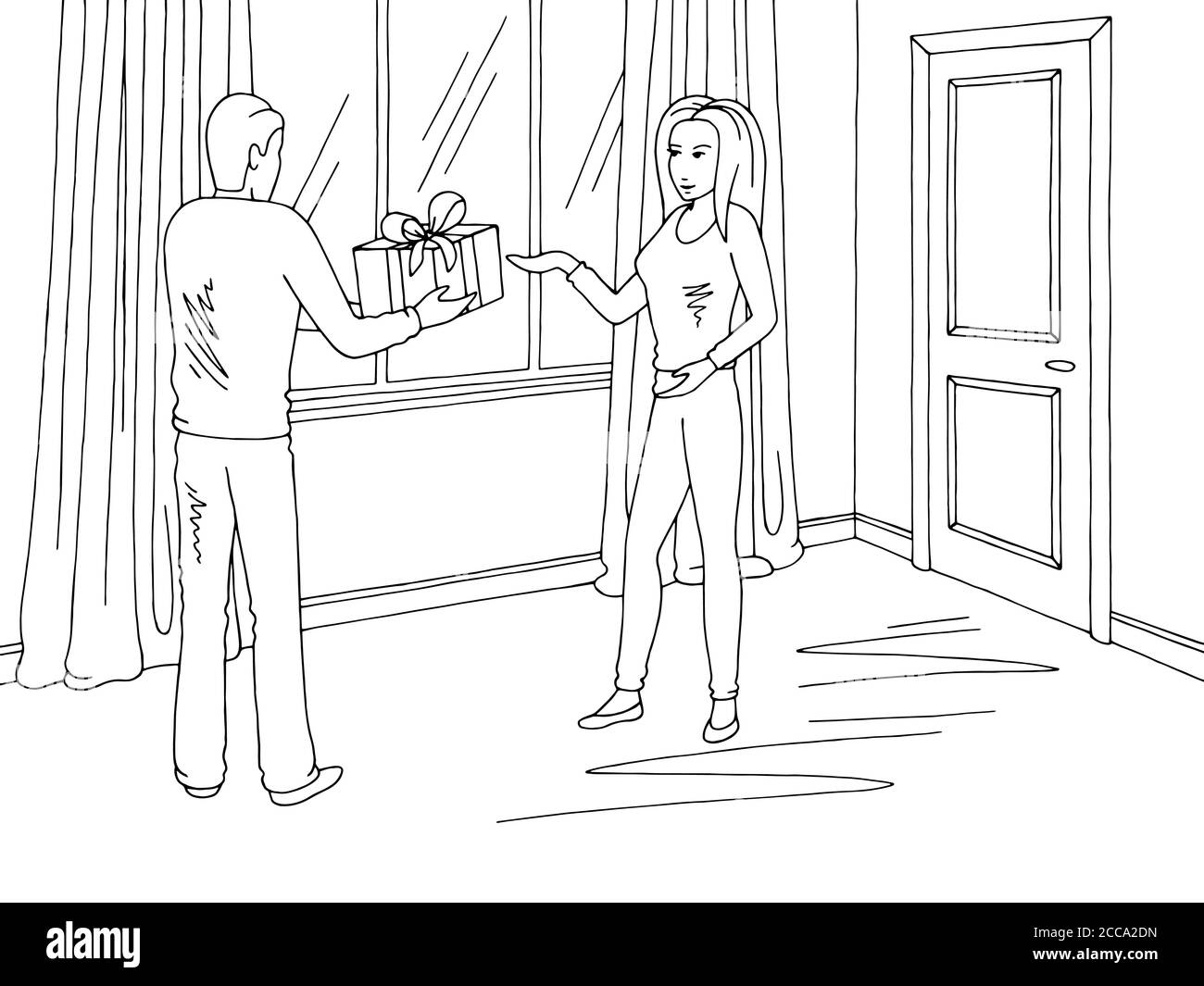 Uomo che dà un regalo ad una donna. Grafico interno nero bianco grafico disegno grafico interno di stanza principale vettore Illustrazione Vettoriale