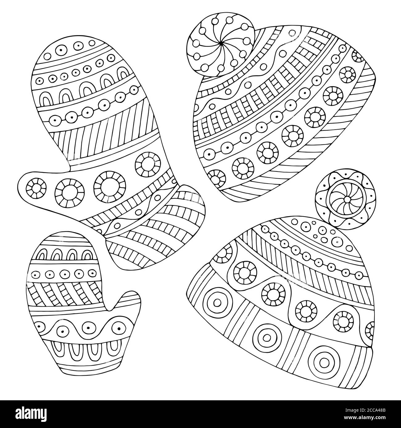 Cappelli e mittens grafico bianco nero doodle isolato immagine set vettore Illustrazione Vettoriale